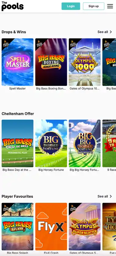 The Pools Casino mobile slots screenshot showing slot game library with featured titles, categories and navigation on smartphone interface - tested