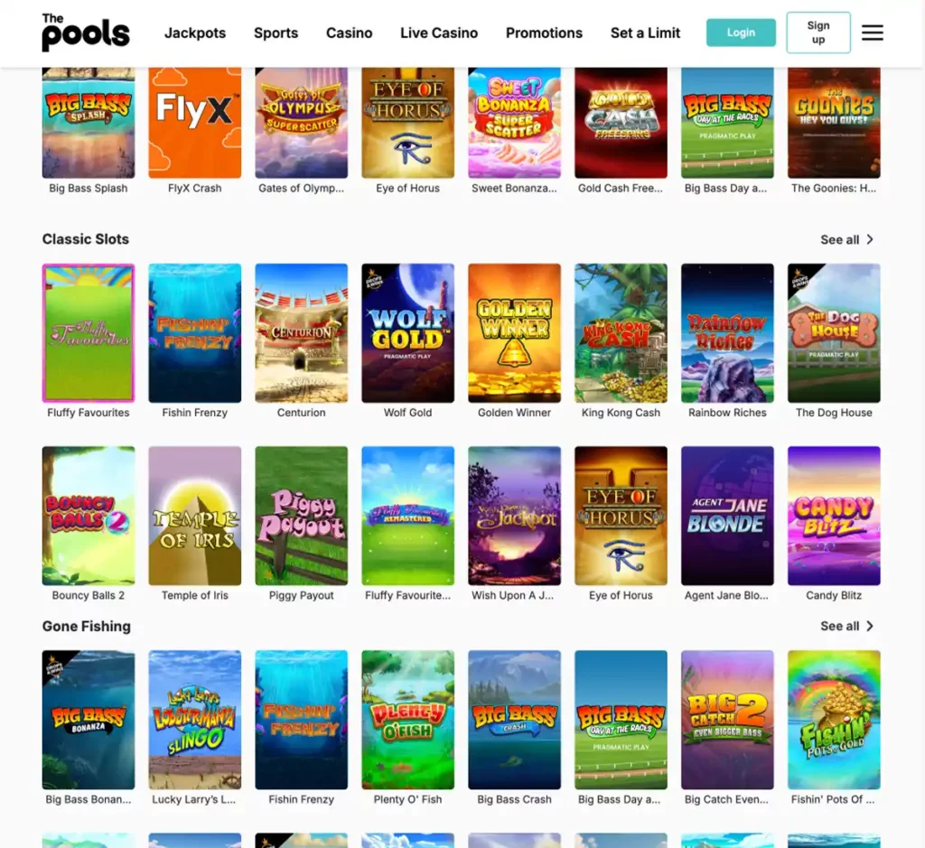 The Pools Casino desktop slots screenshot displaying full game library with categories, featured slots and filtering options on widescreen interface - tested