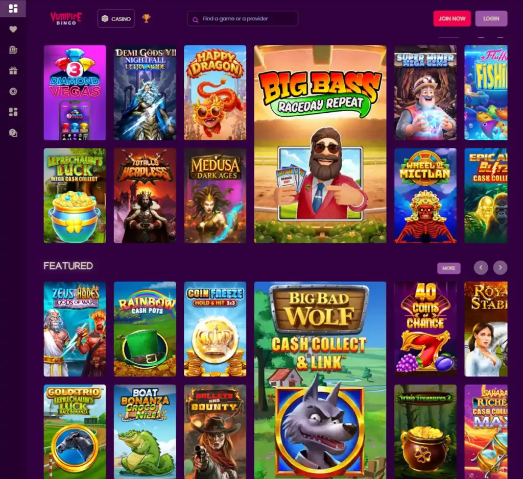 Vampire Bingo desktop homepage screenshot showing main navigation, featured games and promotional banners - tested