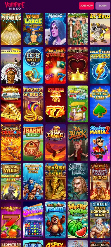 Vampire Bingo mobile slot screenshot displaying featured slots, categories and touch-optimized navigation - tested