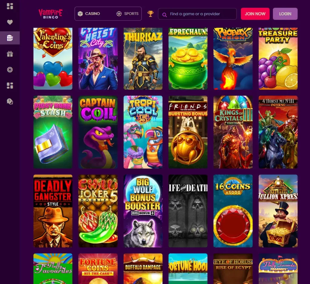 Vampire Bingo desktop slots screenshot showing multiple slot categories, featured games and provider filters - tested