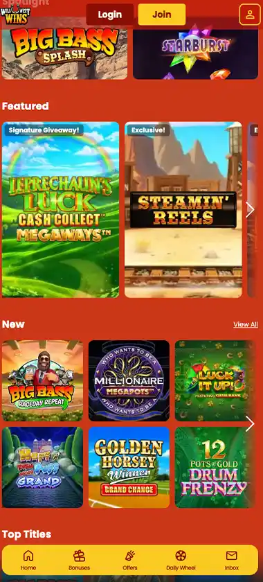 Wild West Wins mobile homepage screenshot showing hero banners, navigation menu, featured games and promotional sections on smartphone interface - tested Wild West Wins mobile homepage screenshot showing hero banners, navigation menu, featured games and promotional sections on smartphone interface - tested