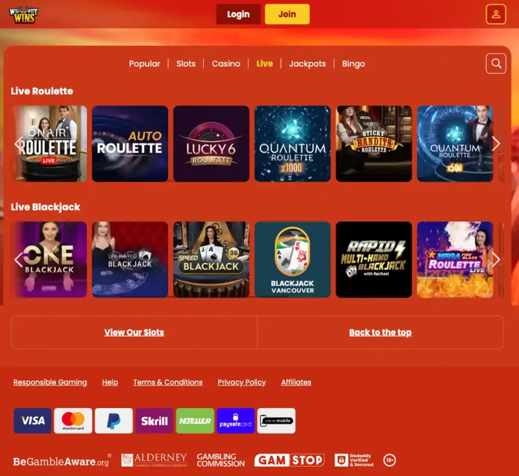 Wild West Wins desktop live casino screenshot displaying live dealer tables, game selection and streaming interface on widescreen layout - tested Wild West Wins desktop live casino screenshot displaying live dealer tables, game selection and streaming interface on widescreen layout - tested