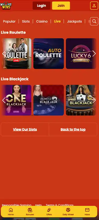 Wild West Wins mobile live casino screenshot showing live dealer tables, game thumbnails and lobby interface on smartphone - tested Wild West Wins mobile live casino screenshot showing live dealer tables, game thumbnails and lobby interface on smartphone - tested
