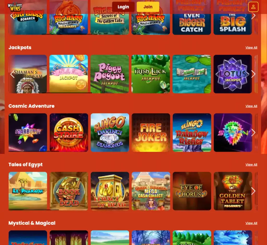 Wild West Wins desktop slots screenshot displaying full game library with categories, featured slots and filtering options on widescreen interface - tested Wild West Wins desktop slots screenshot displaying full game library with categories, featured slots and filtering options on widescreen interface - tested