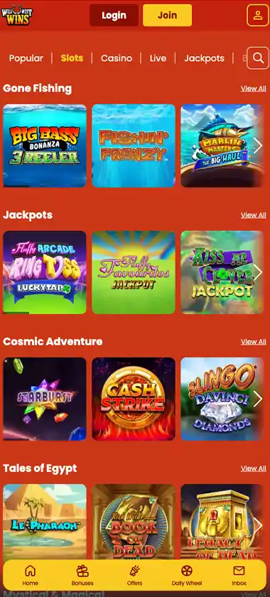 Wild West Wins mobile slots screenshot showing slot game library with featured titles, categories and navigation on smartphone interface - tested Wild West Wins mobile slots screenshot showing slot game library with featured titles, categories and navigation on smartphone interface - tested