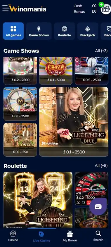 Winomania Casino mobile live casino screenshot showing live dealer tables, game thumbnails, and lobby navigation on smartphone interface - tested