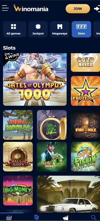 Winomania Casino mobile slots screenshot showing slot game library with featured titles, categories, and scrollable navigation on smartphone interface - tested