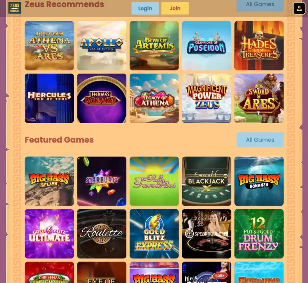 Zeus Bingo Casino desktop homepage screenshot displaying hero banners, navigation menu, featured games, and promotional sections on widescreen interface - tested