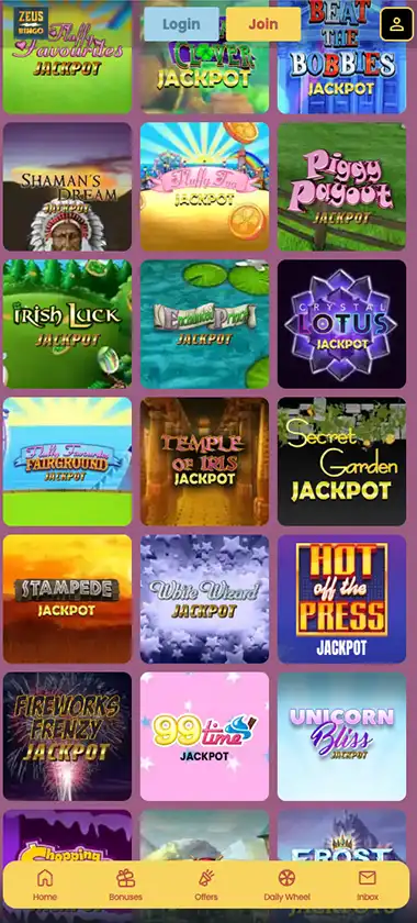 Zeus Bingo Casino mobile jackpots screenshot displaying progressive jackpot games, featured titles, and jackpot prize amounts on smartphone interface - tested