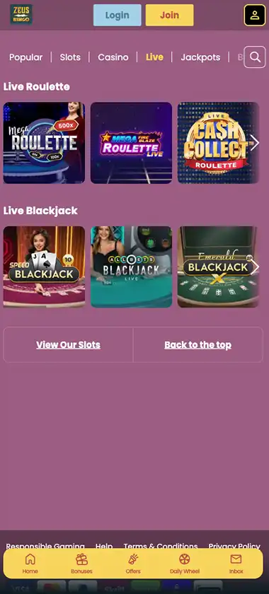 Zeus Bingo Casino mobile live casino screenshot showing live dealer tables, game thumbnails, and lobby navigation on smartphone interface - tested