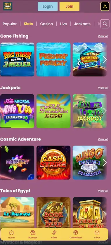 Zeus Bingo Casino mobile slots screenshot showing slot game library with featured titles, categories, and scrollable navigation on smartphone interface - tested