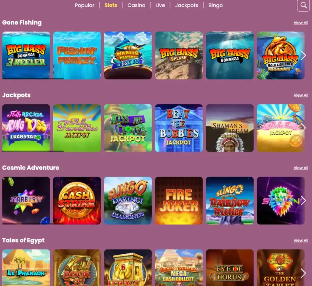 Zeus Bingo Casino desktop slots screenshot displaying full game library with categories, featured slots, and filtering options on widescreen interface - tested