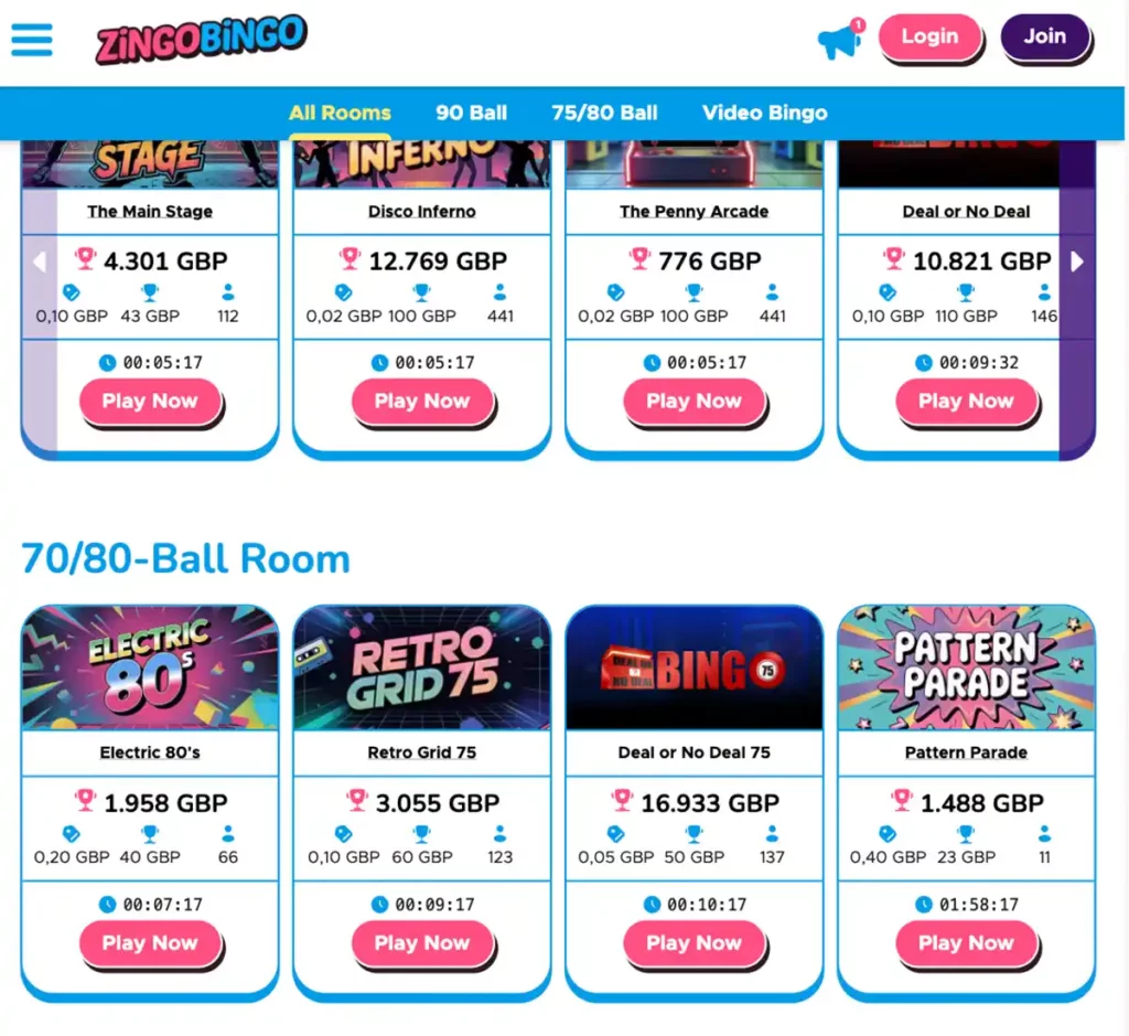 Zingobingo Casino desktop bingo games collection - captured during our review