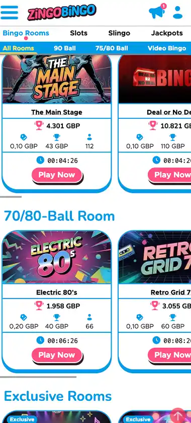 Zingobingo Casino mobile bingo games collection screenshot displaying available bingo rooms, game variants and touch-optimized navigation – tested