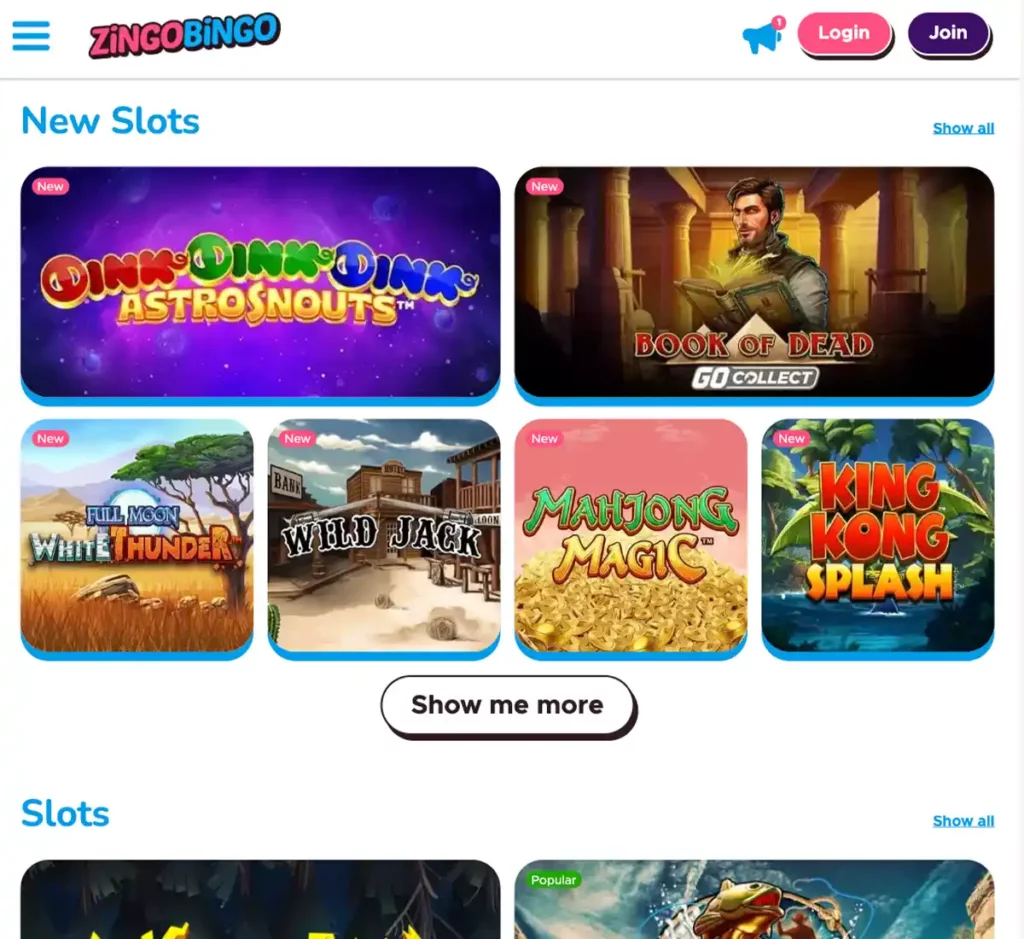 Zingobingo Casino desktop homepage screenshot displaying main navigation, featured games and promotional banners – tested