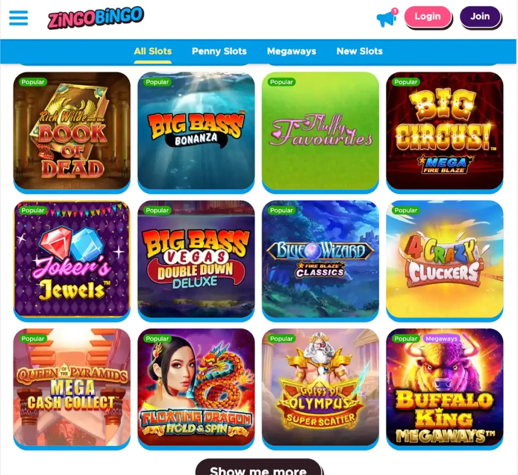 Zingobingo Casino desktop slots variety - captured during our review