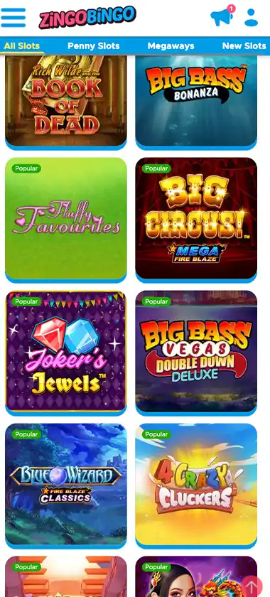 Zingobingo Casino mobile slots variety screenshot displaying featured slots, categories and touch-optimized navigation – tested