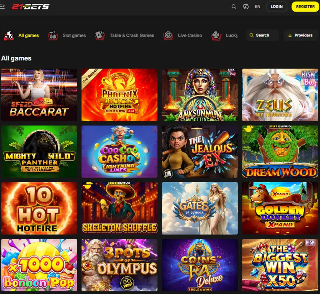 21 Bets Casino homepage desktop interface screenshot showing main lobby, featured games and promotions - tested