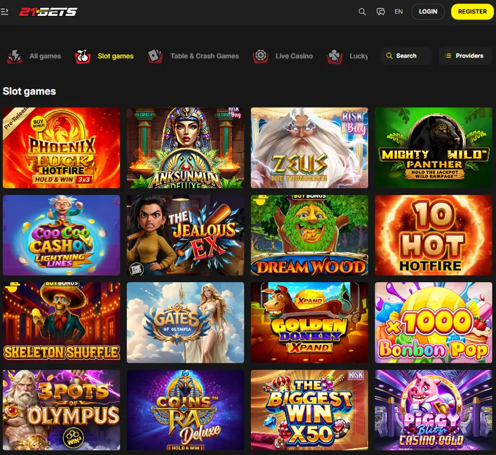 21 Bets Casino slot games desktop interface screenshot featuring slot categories and gameplay options - review testing 21 Bets Casino slot games desktop interface screenshot featuring slot categories and gameplay options - review testing