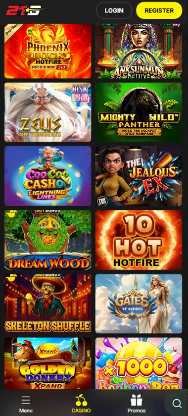 21 Bets Casino slot games mobile interface screenshot displaying popular slots and game selection - verified