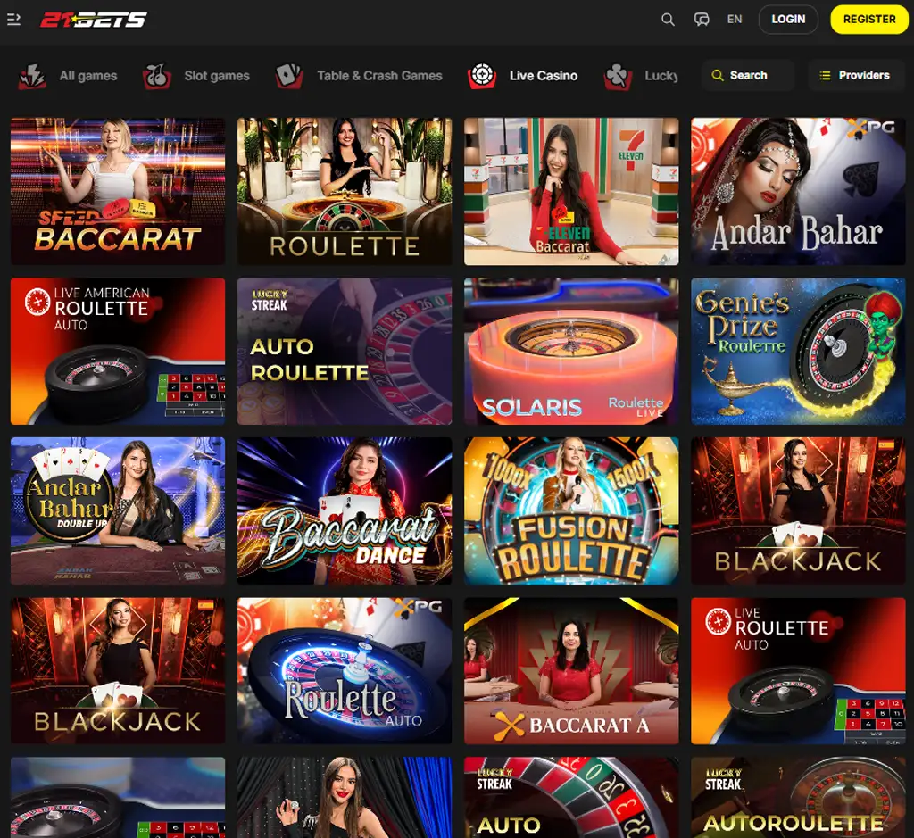 21 Bets Casino live casino desktop interface screenshot showing live dealer tables and streaming gameplay - captured during testing