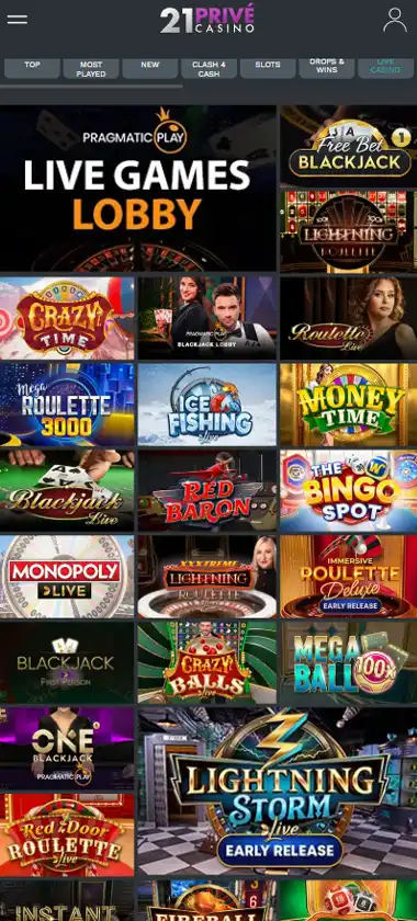21Prive Casino mobile live dealer games collection screenshot displaying available live tables and categories with mobile-friendly interface/navigation - tested
