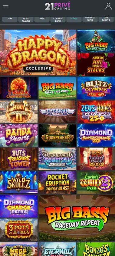 21Prive Casino mobile slots variety screenshot displaying featured slots, categories and touch-optimized navigation - tested