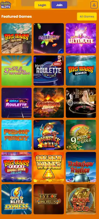 Aladdin Slots Casino mobile homepage screenshot displaying main navigation, featured games and mobile-friendly interface/navigation - tested