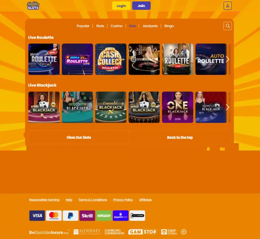 Aladdin Slots Casino desktop live dealer games collection screenshot showing roulette, blackjack and baccarat tables in lobby view with categories and provider filters - tested