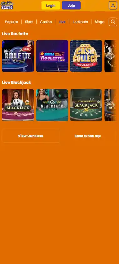 Aladdin Slots Casino mobile live dealer games collection screenshot displaying available live tables and categories with mobile-friendly interface/navigation - tested