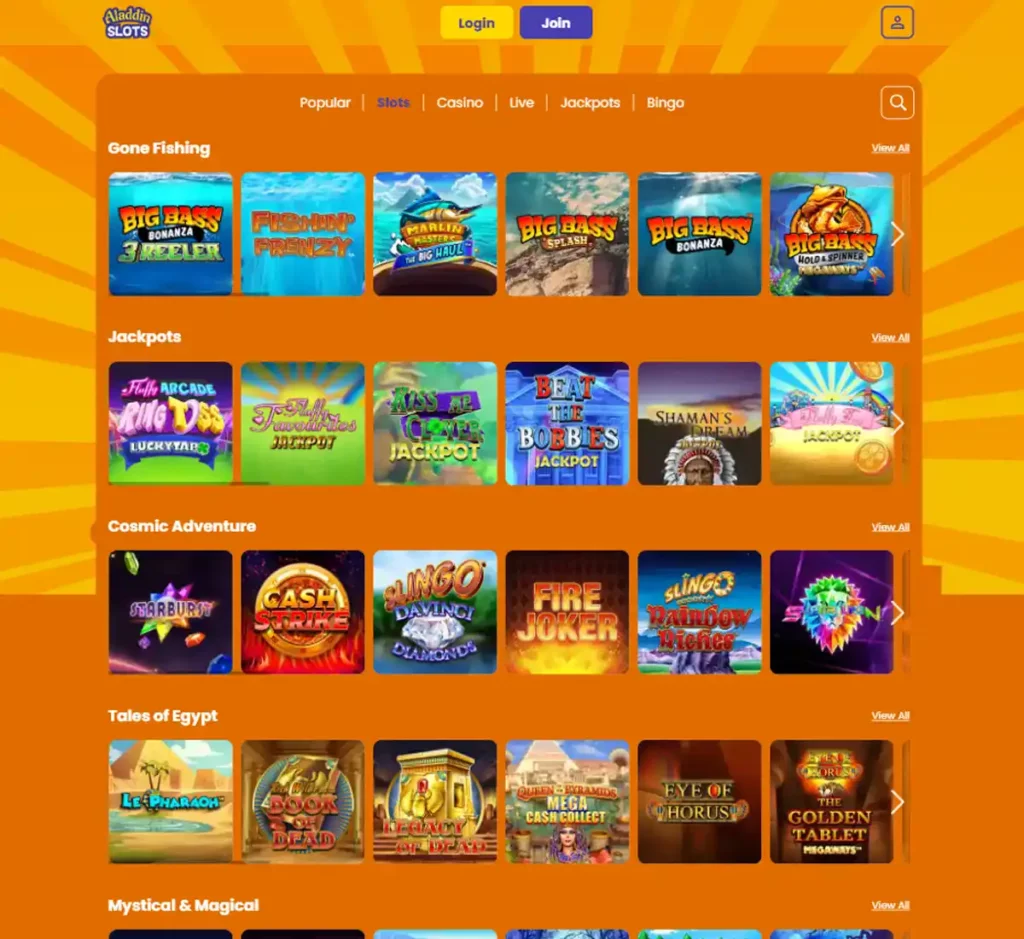 Aladdin Slots Casino desktop slot screenshot showing multiple slot categories, featured games and provider filters - tested
