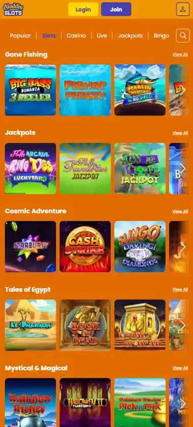 Aladdin Slots Casino mobile slot screenshot displaying featured slots, categories and touch-optimized navigation - tested