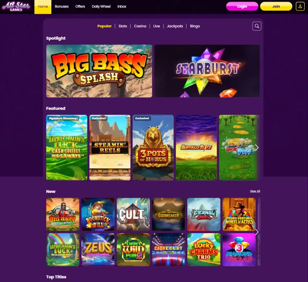 All Star Games Casino desktop homepage screenshot showing main navigation, featured games and promotional banners - tested