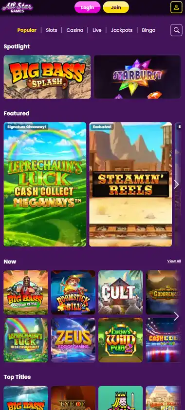 All Star Games Casino mobile homepage screenshot displaying main navigation, featured games and mobile-friendly interface/navigation - tested