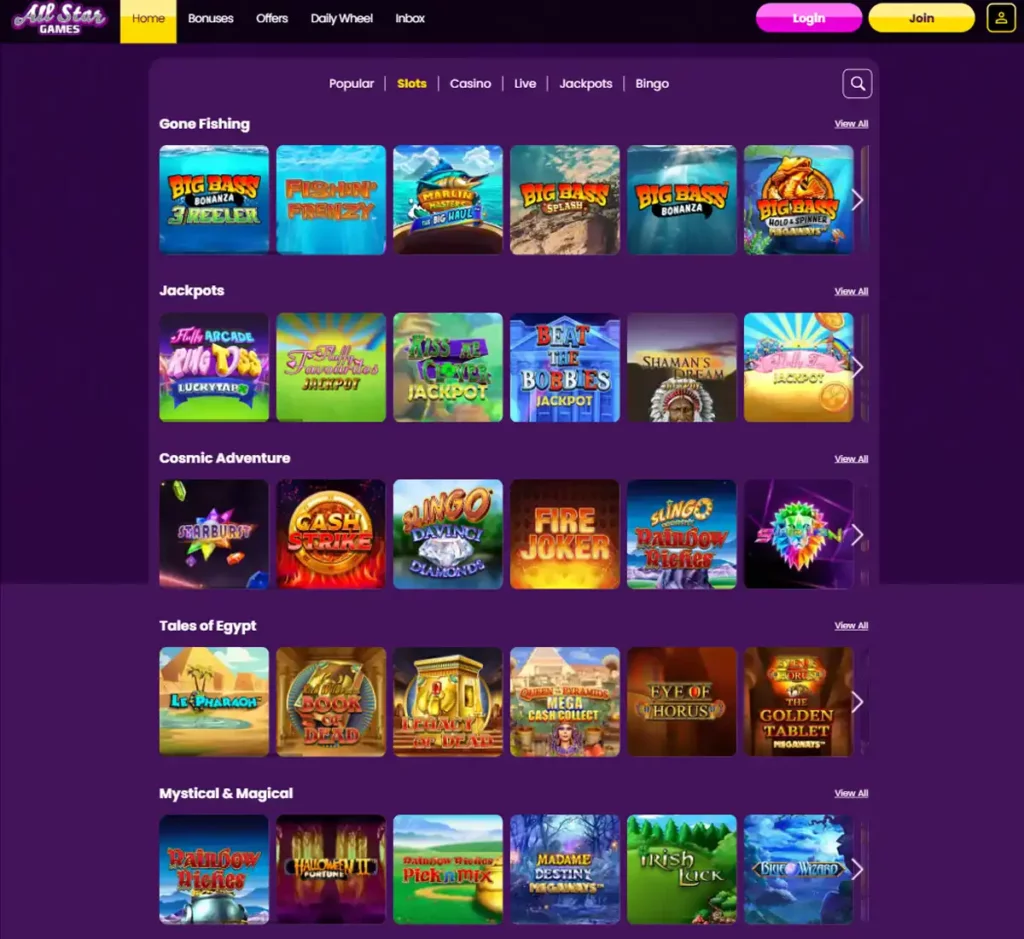 All Star Games Casino desktop slots screenshot showing multiple slot categories, featured games and provider filters - tested