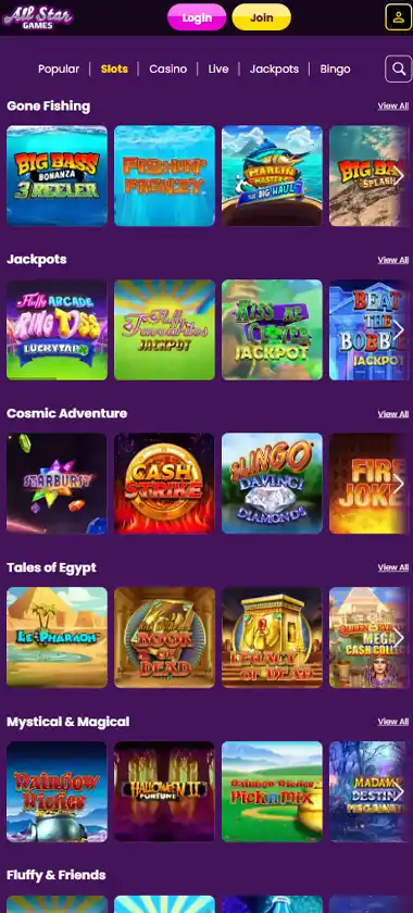 All Star Games Casino mobile slots variety screenshot displaying featured slots, categories and touch-optimized navigation - tested