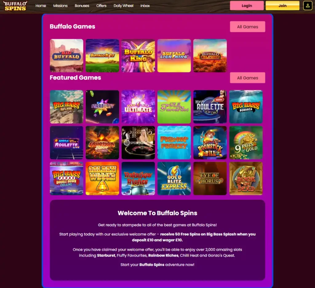 Buffalo Spins Casino desktop homepage screenshot showing main navigation, featured games and promotional banners - tested