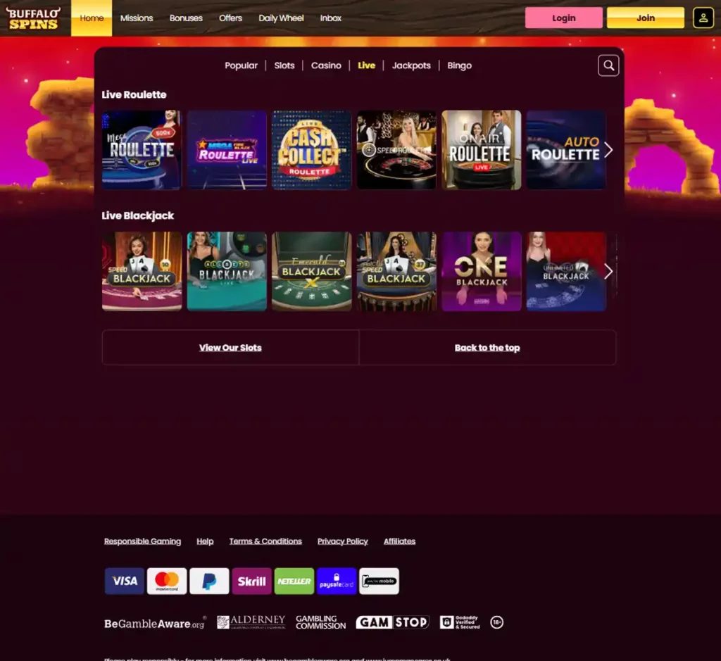 Buffalo Spins Casino desktop live dealer games collection screenshot showing roulette, blackjack and baccarat tables in lobby view with categories and provider filters - tested