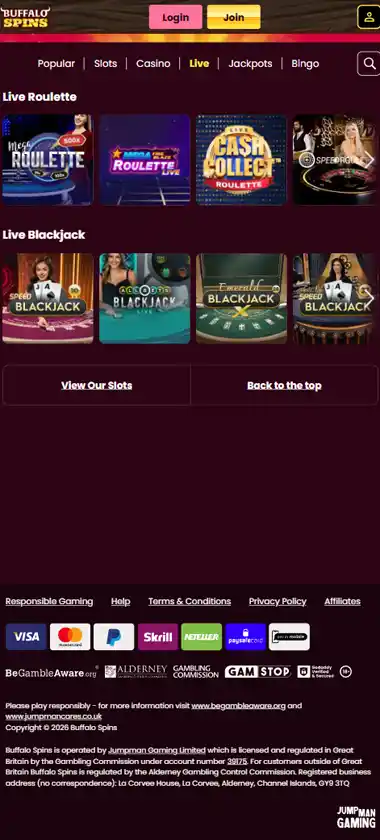 Buffalo Spins Casino mobile live dealer games collection screenshot displaying available live tables and categories with mobile-friendly interface/navigation - tested