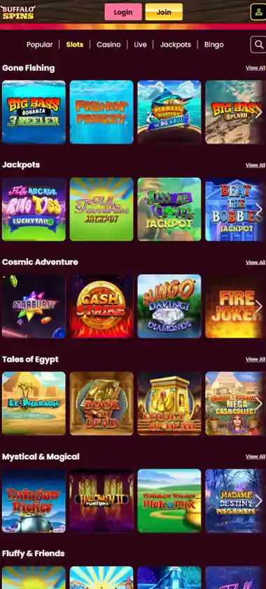 Buffalo Spins Casino mobile slot screenshot displaying featured slots, categories and touch-optimized navigation - tested