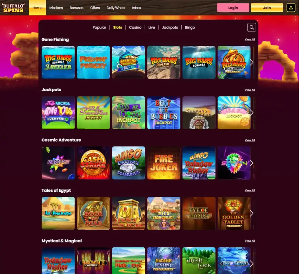 Buffalo Spins Casino desktop slots screenshot showing multiple slot categories, featured games and provider filters - tested