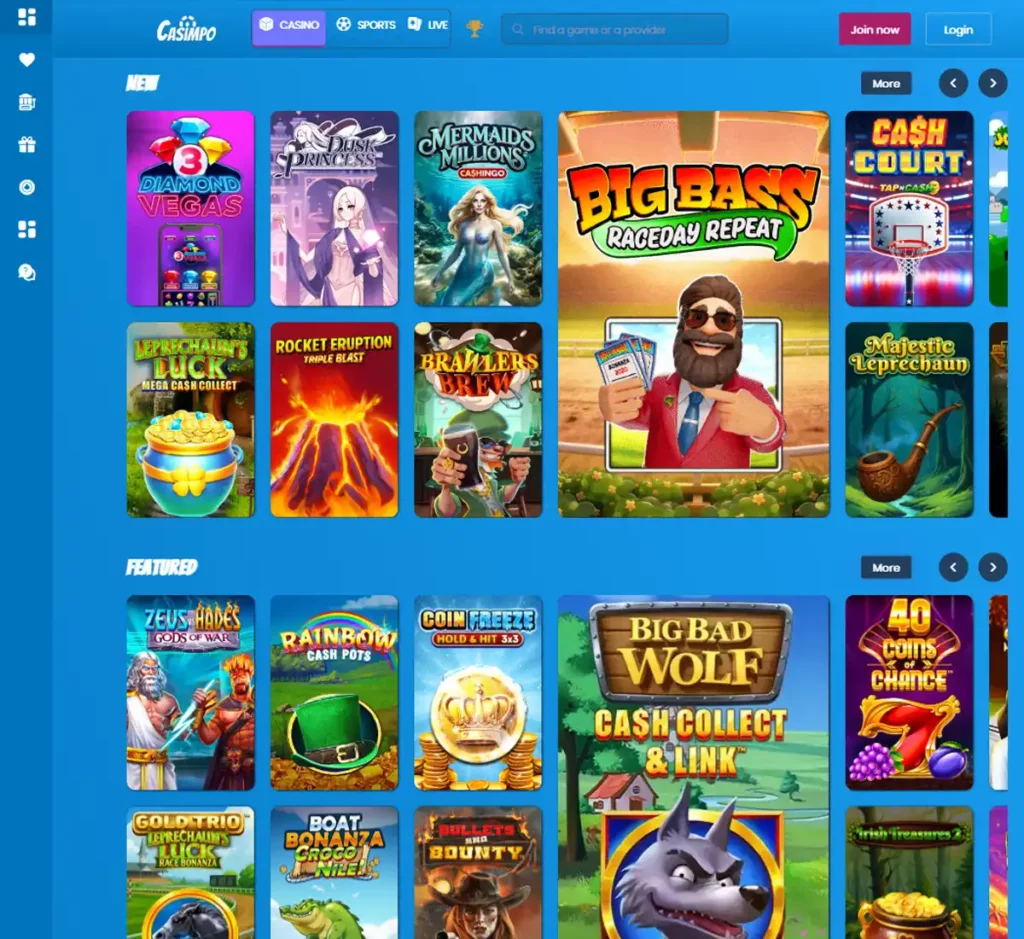 Casimpo Casino desktop homepage screenshot showing main navigation, featured games and promotional banners - tested