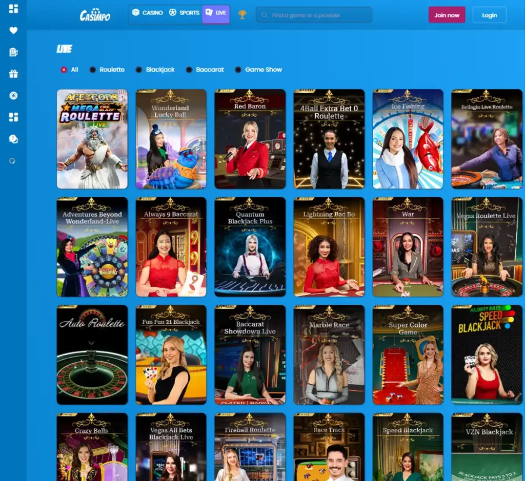 Casimpo Casino desktop live dealer games collection screenshot showing roulette, blackjack and baccarat tables in lobby view with categories and provider filters - tested