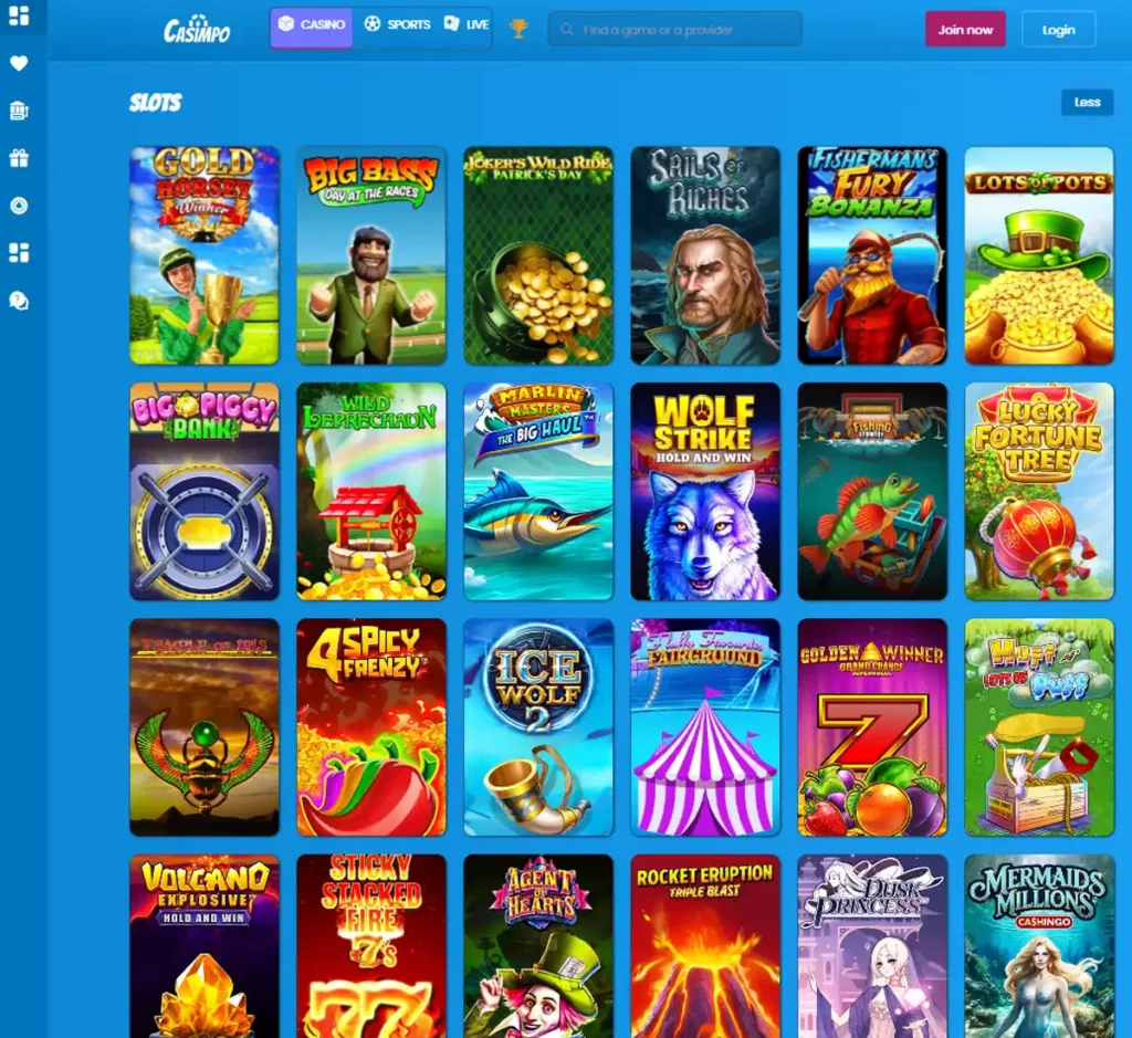 Casimpo Casino desktop slot screenshot showing multiple slot categories, featured games and provider filters - tested