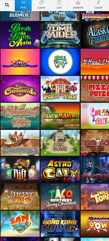 Casimpo Casino mobile slots variety screenshot displaying featured slots, categories and touch-optimized navigation - tested