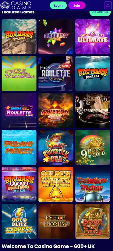 Casino Game mobile homepage screenshot displaying main navigation, featured games and mobile-friendly interface/navigation - tested Casino Game mobile homepage screenshot displaying main navigation, featured games and mobile-friendly interface/navigation - tested