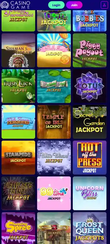 Casino Game mobile jackpots screenshot displaying progressive jackpot titles, prize amounts and touch-optimized navigation - tested