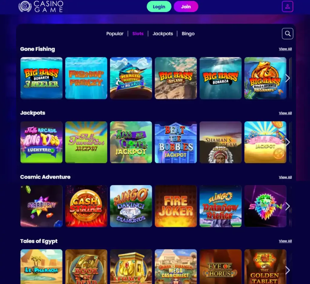 Casino Game desktop slots screenshot showing multiple slot categories, featured games and provider filters - tested Casino Game desktop slots screenshot showing multiple slot categories, featured games and provider filters - tested