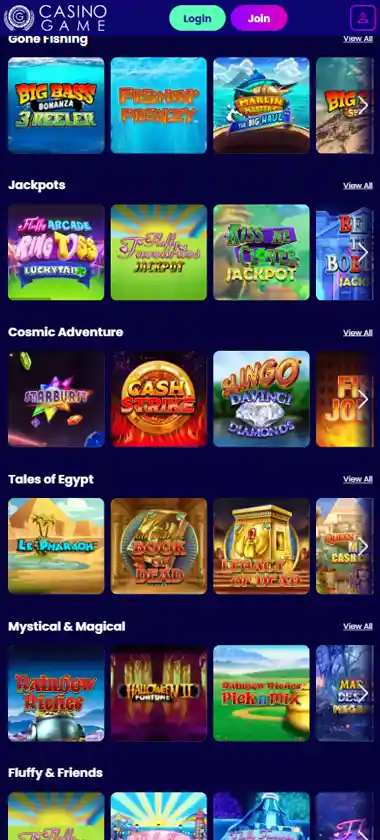 Casino Game mobile homepage screenshot displaying main navigation, featured games and mobile-friendly interface/navigation - tested